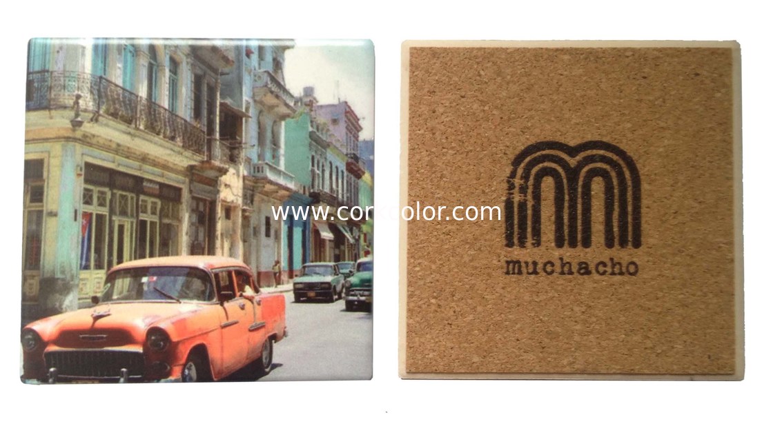 Round ceramic coaster with cork backing and UV printed/ silkscreen logo